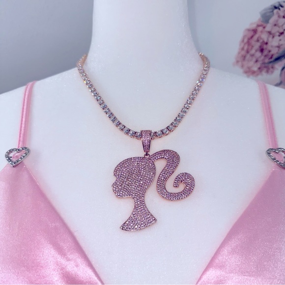 Iced Out Bling Barbie Girl Diamond Rose Gold Pink Tennis Chain - Picture 2 of 3